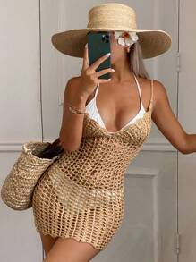 Livesso 女士编织细肩带波西米亚风格短款连衣裙 - 卡其色 - 查看 3