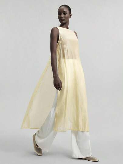 Ontre 2025年新款夏秋女式都市风格圆领透明无袖短款上衣，侧扣开合，长款衬衫，适合时尚日常穿着、商务休闲装、节日装、音乐节装、基本款外套