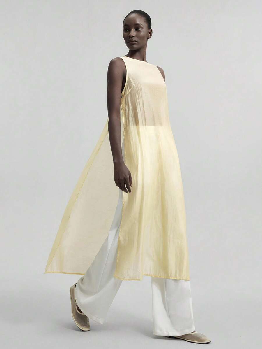 Ontre 2025年新款夏秋女式都市风格圆领透明无袖短款上衣，侧扣开合，长款衬衫，适合时尚日常穿着、商务休闲装、节日装、音乐节装、基本款外套 - 黃色 - 查看 1