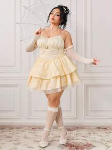 ROMWE EDITION Vestido elegante sin mangas con aplicaciones de encaje para talla grande, de verano - Albaricoque - Ver 5