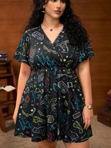 HARRY POTTER X SHEIN Vestido de manga corta con cuello en V y estampado todo sobre en talla grande, verano
