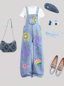 Girlism 青少年女孩休闲可爱花卉印花牛仔背带裤 - 舒适人造丝混纺，可机洗，带口袋，背包款式，时尚，非常适合户外、女孩夏季海滩波西米亚风度假短裤、夏季音乐会节日休闲狂欢装、女孩夏季早午餐教堂毕业装、街头服饰、返校装 - 淺色水洗藍 - 查看 1