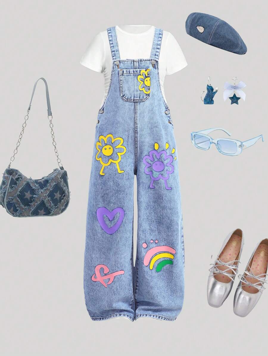 Girlism 青少年女孩休闲可爱花卉印花牛仔背带裤 - 舒适人造丝混纺，可机洗，带口袋，背包款式，时尚，非常适合户外、女孩夏季海滩波西米亚风度假短裤、夏季音乐会节日休闲狂欢装、女孩夏季早午餐教堂毕业装、街头服饰、返校装 - 淺色水洗藍 - 查看 1