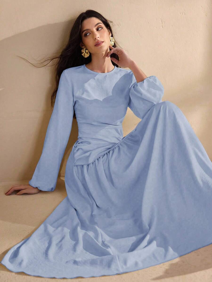 Graceveil 女士圆领长袖褶饰法式优雅连衣裙 - 藍色 - 查看 1