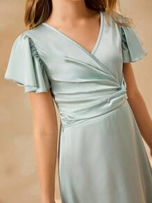 SHEIN Girls Big Tween Girl Bridesmaid V-Neck Short Sleeve Ruffle Hem High-Low Formal Dress, Fit For Weddings, Parties, Birthdays, Performances Fall Winter