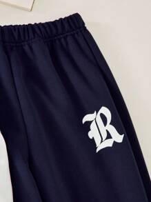 SHEIN Explorewe 2 件套仿 Polo 领长袖 V 领字母印花运动衫夹克和休闲长裤套装 - 藏蓝色 - 查看 3