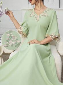 Yasmyna V-Neck Tulip Ribbon Decor Long Dress With Tie Belt, Green - Green - View 1