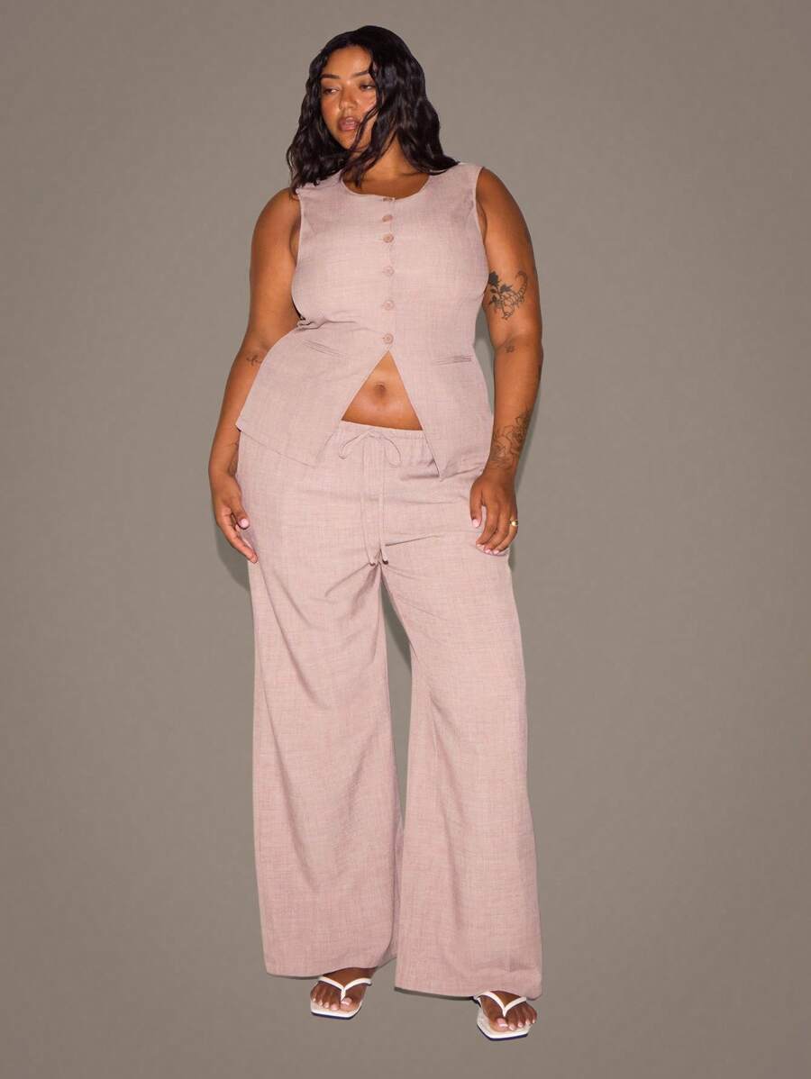 MUSERA Plus Size Women High Rise Tie Front Linen Look Wide Leg Trousers Holiday Swim Sexy Romantic Elegant Vanilla Move On Vacation Summer Casual - Brown - View 1