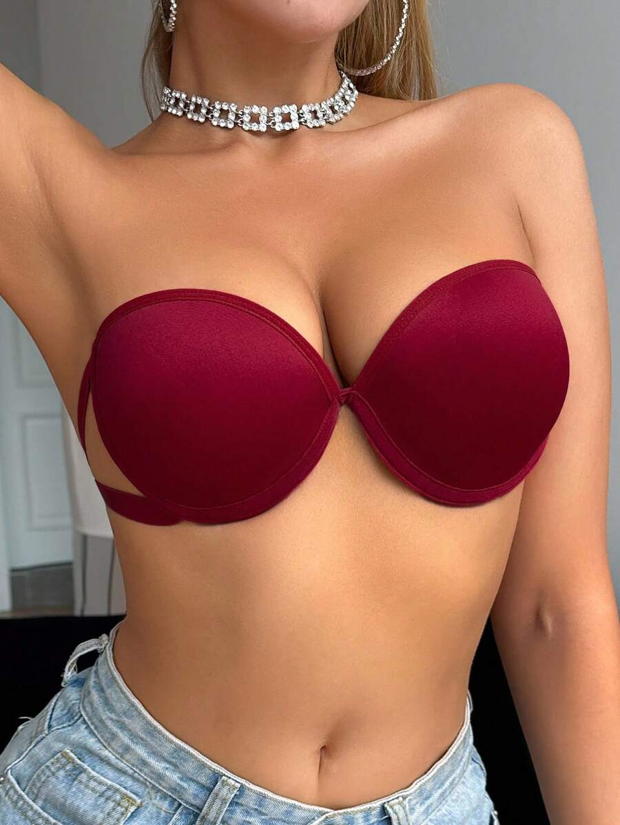 钢圈、提升、舒适、简约、半罩杯、抹胸式女士文胸 - 酒紅色 - 查看 1