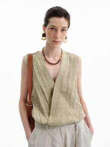 Aalyst 女式 V 领褶皱裹身式无袖亚麻连体衣，适合节日、毕业典礼、独立日等场合的休闲夏季服装，浅橄榄绿色 - 卡其色 - 查看 6