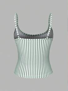 INAWLY Camiseta de mujer de cuello bajo con estampado de rayas blancas, ajustada, casual, para vacaciones, sexy - verde menta - Ver 2