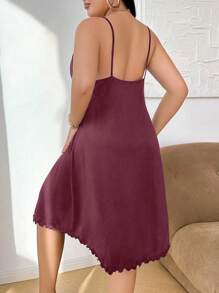 SHEIN V-Neck Lace Patchwork Slip Dress, Women Casual Home Sleepwear - Red Violet - View 2