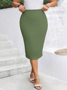 EMERY ROSE Elegant Plus Size Green Knitted Skirt With Knee-Length Split For Casual Chic - Green - View 7