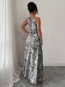 Elenzga Women's Sleeveless High Waist Ruffle Hem Printed Sundress - Black - View 2