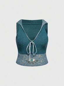 ROMWE Hippie Boho Resort Mysterious Eyes & Floral Embroidery Plus Size Knit Witch Hoodie