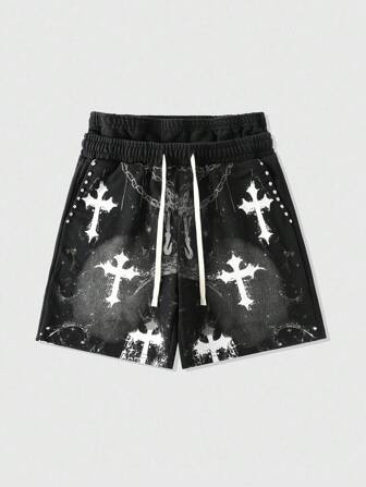 Street Life Pantalones cortos holgados casuales de hombre con estampado de cruz y doble cinturilla