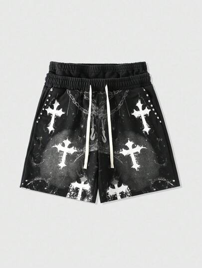 Goth Men's Cross Print Casual Double Waistband Loose Shorts