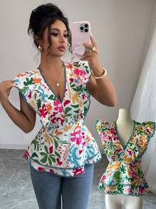 Elenzga Women's Fashionable Casual Ruffle V-Neck Fitted Floral Blouse - Multicolor - View 3