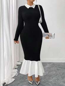 Elenzga Plus Size Elegant Color Block Patchwork Fishtail Dress