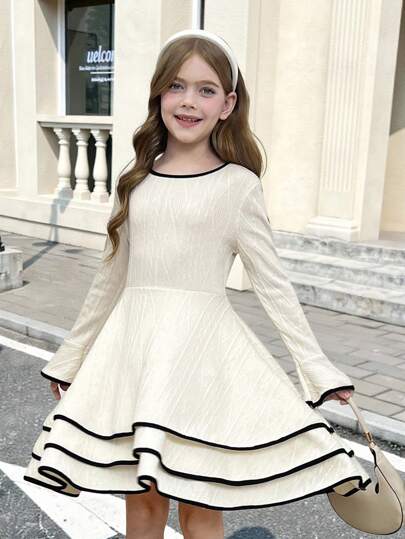 SHEIN Tween Girls 优雅拼布对比黑色滚边饰边分层下摆喇叭长袖连衣裙，秋冬连衣裙，适合秋冬季休闲日常穿着和学校日常穿着，返校