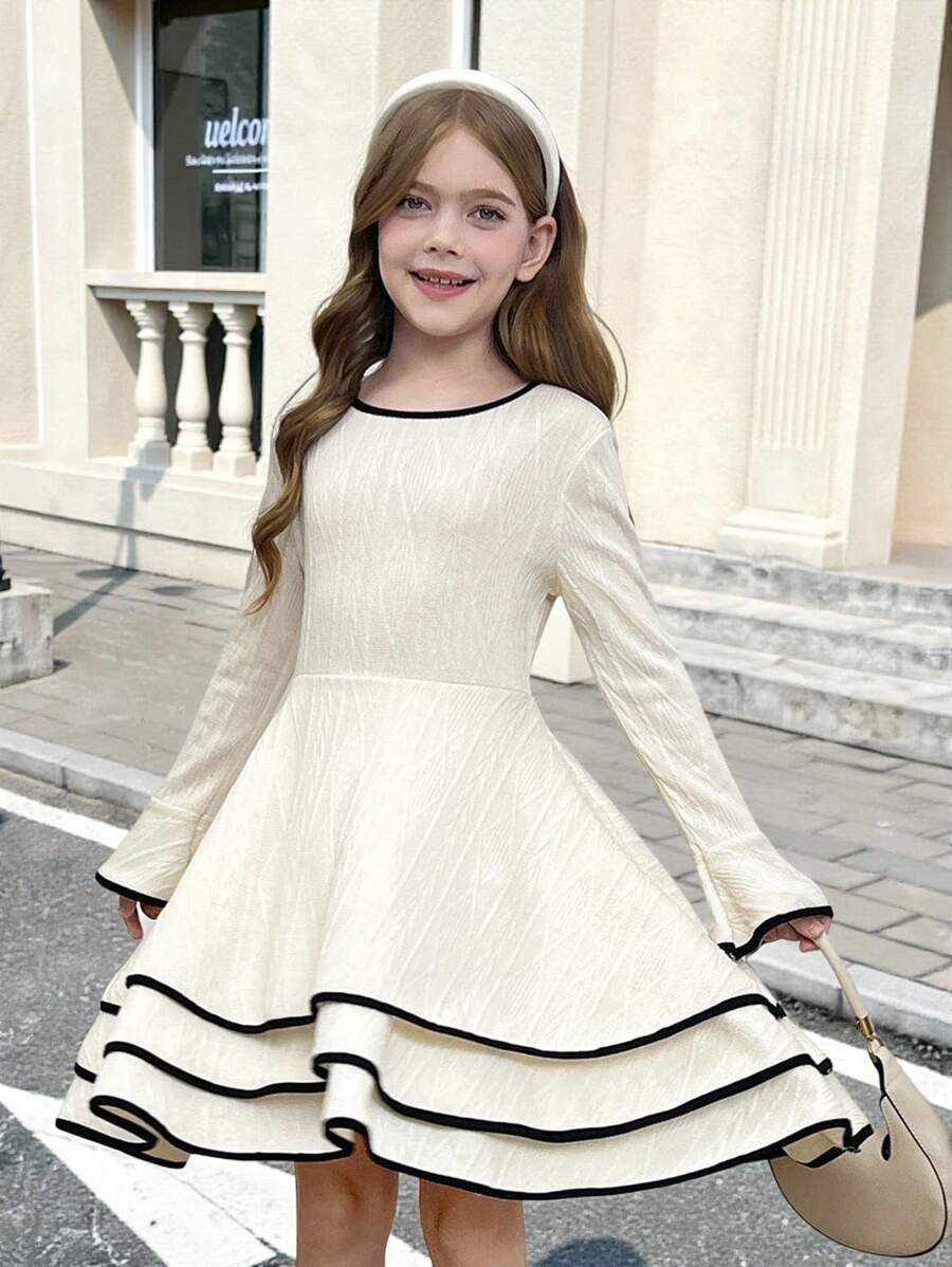 SHEIN Tween Girls 优雅拼布对比黑色滚边饰边分层下摆喇叭长袖连衣裙,秋冬连衣裙,适合秋冬季休闲日常穿着和学校日常穿着,返校 - 杏色 - 查看 1