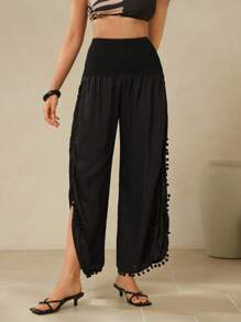 Glamine Fringe Trim Loose Beach Cover Up Pants, Casual Vacation For Summer - Black - View 3