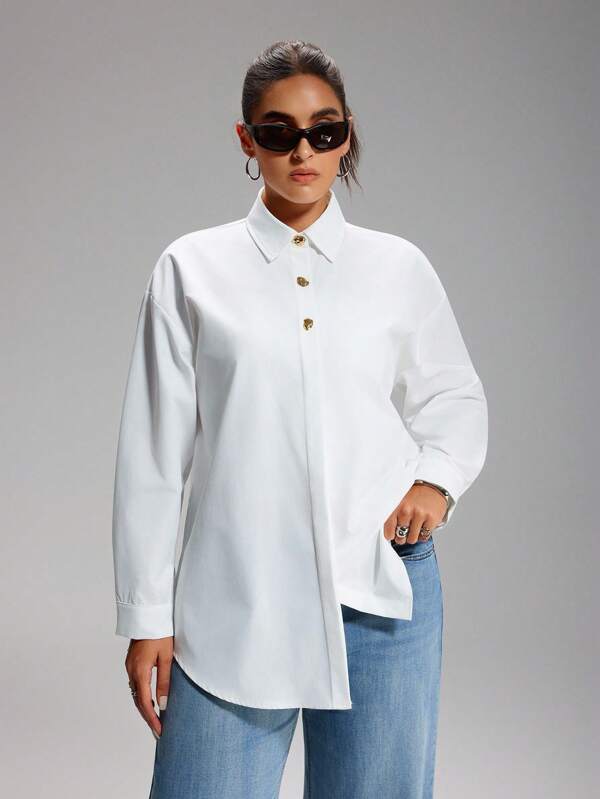 LYSMO Women Plus Size Solid Color Casual Long Sleeve Shirt With Shell Metal Button Decor White Button Down Shirt Collared Shirt Gold Button Shirt
