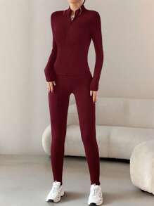 SHEIN EZwear Bộ đồ thể thao hai mảnh Claret Áo khoác có khóa kéo & Quần bó - Màu Đỏ Sâu - Xem 6