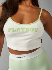 Missguided x Playboy Signature Logo Sleeveless Crop Tank Lounge Top Slim Fit Cami Bra Style Summer Apparel