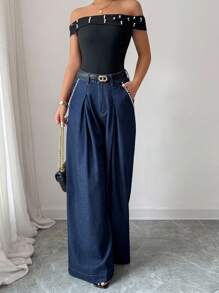 Elenzga Women Faux Pearl Studded High Waist Pleated Wide Leg Jeans - Dark Wash - View 6