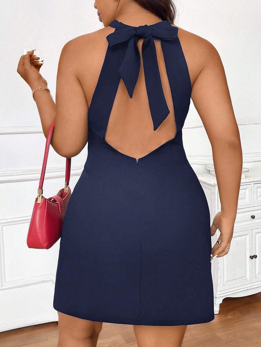 SHEIN Frenchy Plus Size Stylish Minimalist Elegant Solid Color Halter Tie Back Dress - Navy Blue - View 1