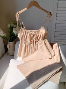 Comfortcana Women's Summer Vacation Linen Casual Solid Color Camisole And Pants Two Pieces Set, Suitable For Vacation Wear