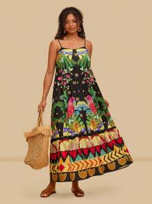 Travachic Váy in hình con vẹt nhiệt đới Boho cỡ lớn cho nữ, Váy hai dây thoải mái cho kỳ nghỉ hè, bãi biển - màu đen - Xem 3