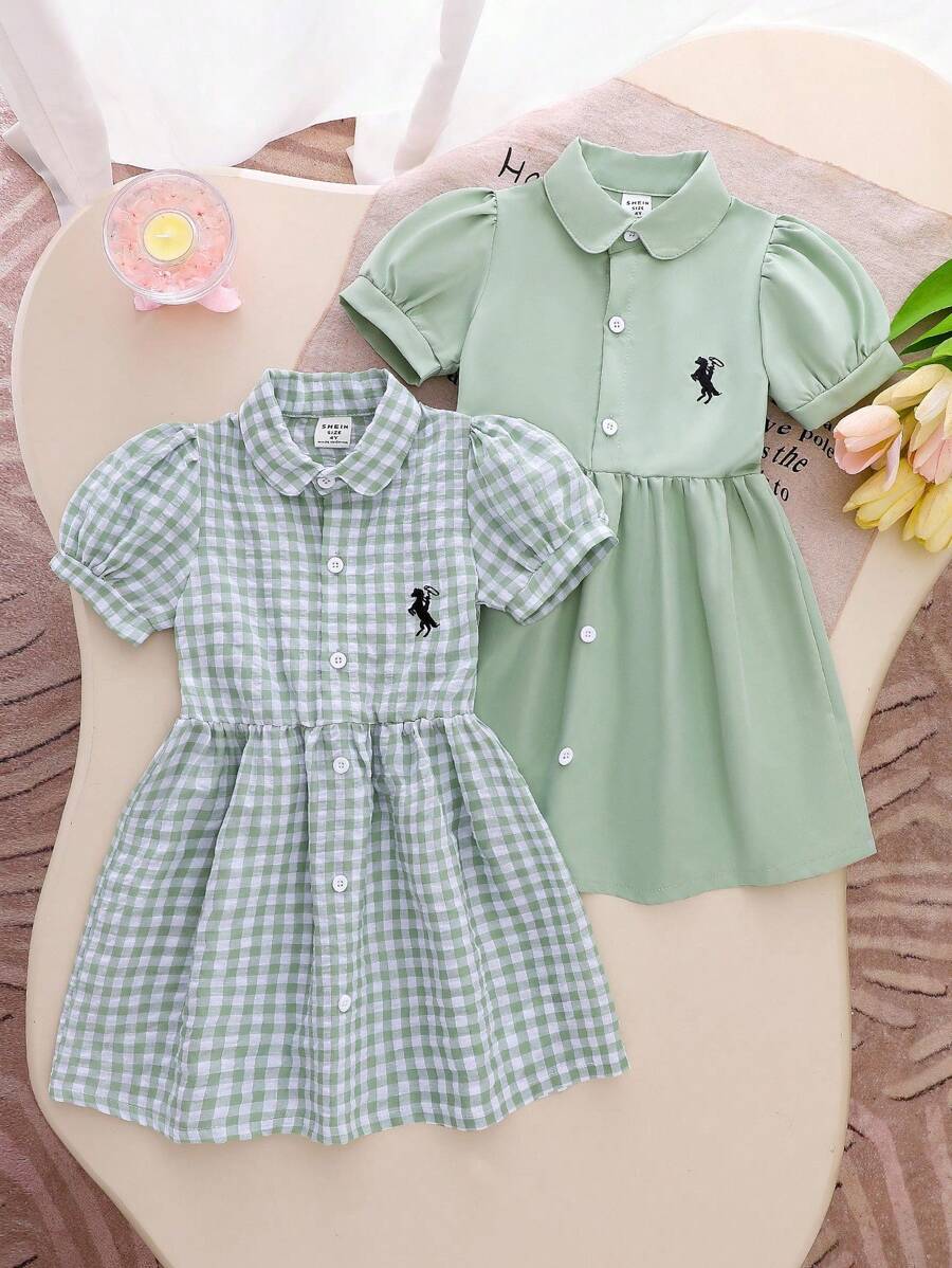 2pcs/Set Young Girl Striped Embroidery Short Sleeve Dress,Sage Green,Summer,Elegant,Princess,7th Birthday,Career Day,Back-To-School Gingham Collared - Green - View 1