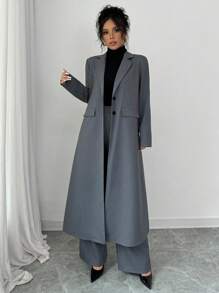 SHEIN PETITE 优雅通勤时尚优雅深灰色大翻领插肩袖单排扣长外套和直腿长裤女套装 - 深灰色 - 查看 5