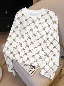 SHEIN Women's Casual All-Over Print Crew Neck Long Sleeve T-Shirt, Suitable For Outdoor