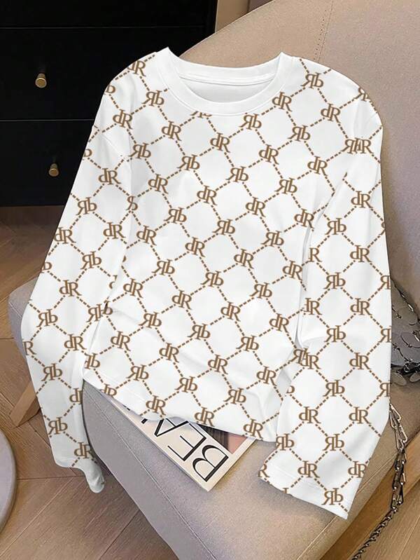 SHEIN Women's Casual All-Over Print Crew Neck Long Sleeve T-Shirt, Suitable For Outdoor