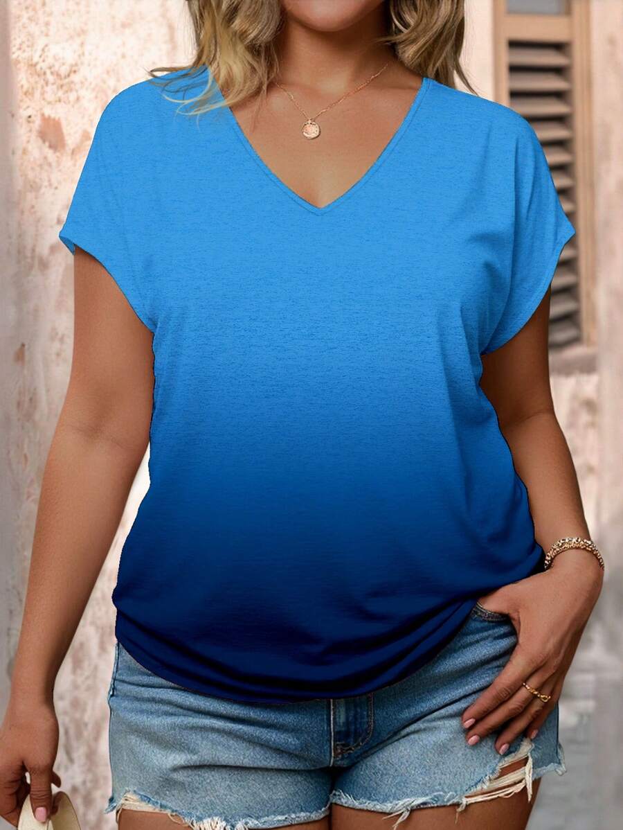 SHEIN LUNE Koszulka z krótkim rękawem i dekoltem w serek w dużym rozmiarze, swobodna, letnia - Wielokolorowe - Zobacz 1