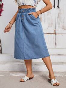 SHEIN Clasi Plus Size Summer Casual Button Decor Elastic Waist Denim A-Line Skirt - Blue - View 4
