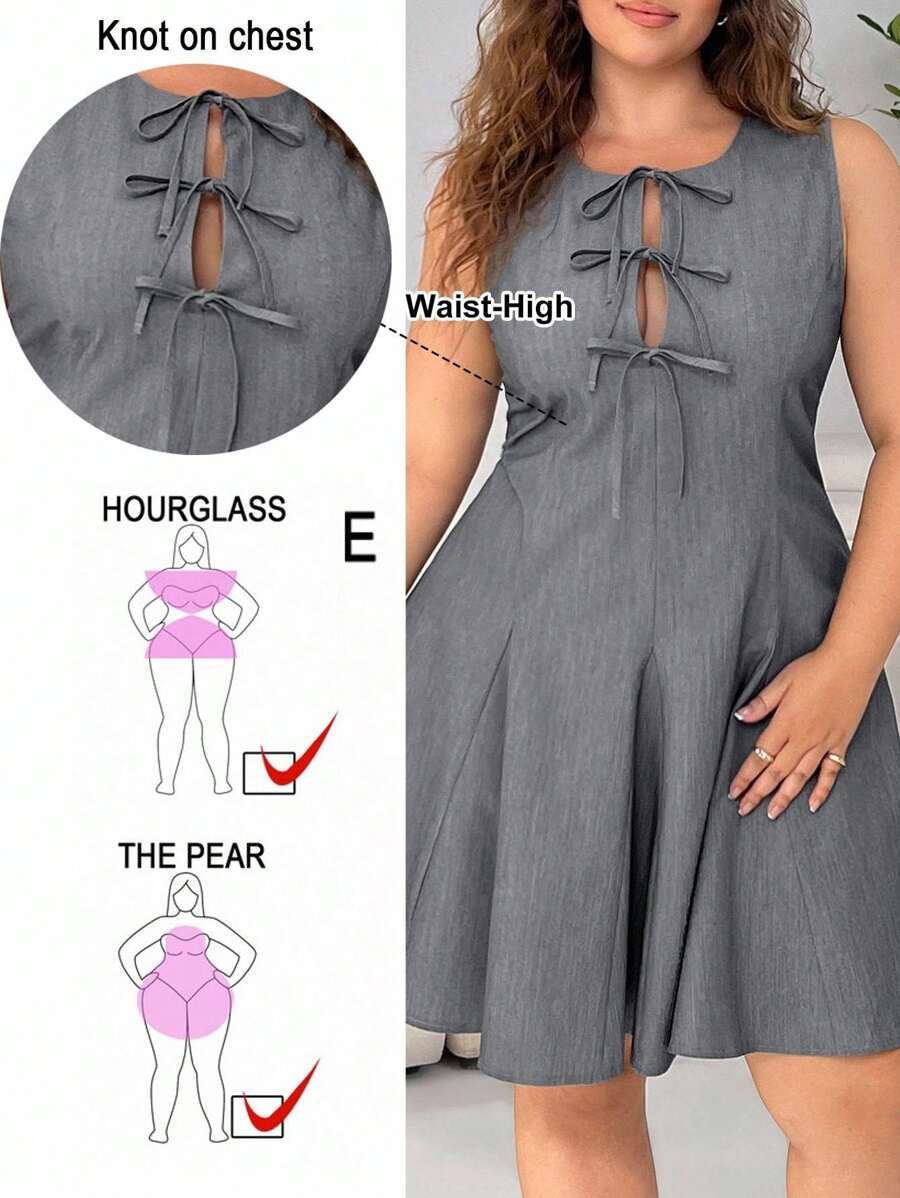 SHEIN EZwear Plus Size Women Solid Color Crew Neck Sleeveless Bandage Bowknot Midi Dress - Grey - View 1
