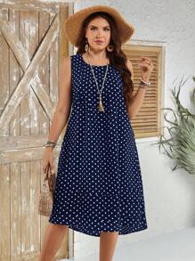 EMERY ROSE Vestido de vacaciones de mujer de talla grande con estampado de lunares, cuello redondo y sin mangas, Conjuntos de vacaciones de mujer, Atuendos de verano para mujer, Ropa de oficina, Atuendos de vacaciones de mujer, Atuendos de verano para mujer Festival Bohemio, Atuendo de vacaciones