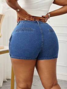 SHEIN Lady New Arrival Plus Size Denim Shorts Three-Dimensional Pocket High Waist Blue Autumn Clothing French Casual Outing Clothing Vacation Outfits Woman Back To School  Old Money Style Women