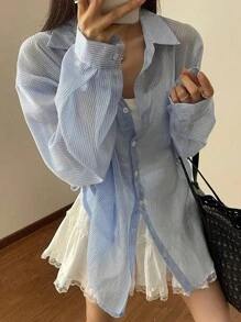 DAZY Women Striped Drop Shoulder Long Sleeve Single-Breasted Casual Regular Jacket Women Coats - Blue - View 3