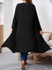 SHEIN Tall CURVE 大尺碼女款秋冬辦公室婚禮度假晚餐外出長款開襟大衣，黑色秋季商務休閒寬鬆優雅 - 黑色 - 查看 2
