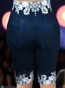 EMERY ROSE Plus Size Knitted Butterfly Print Jegging Shorts - Blue - View 2