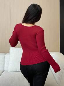 Flirla Plus Size Women Solid Color Tie Neck Long Sleeve Fitted Pullover Sweater Fall Winter Cloth For Women Autumn - Burgundy - View 4