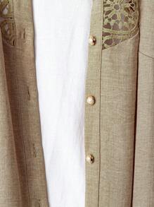 Joress Set di 2 pezzi per donne taglia comoda: camicia casual con collo tondo, patch in pizzo e abbottonatura completa in misto lino + pantaloni larghi in vita elastica