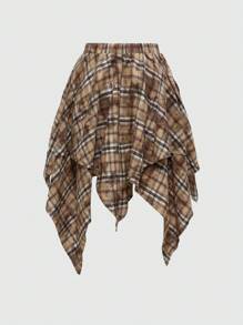 ROMWE EDITION 返校季 Y2K 女款秋季不对称下摆扎染格子裙，适合搭配裤子，复古垃圾摇滚风格，适合返校季 - 卡其色 - 查看 9