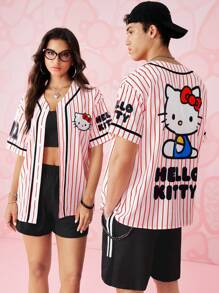 HELLO KITTY AND FRIENDS | SHEIN 1件条纹卡通图案短袖衬衫，夏季 - 紅白色 - 查看 3