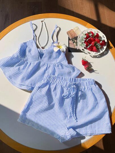 Comfortcana Set de 2 piezas con top tipo camiseta y pantalones cortos con estampado de pata de gallo, conjunto de vestir para ocio y vacaciones